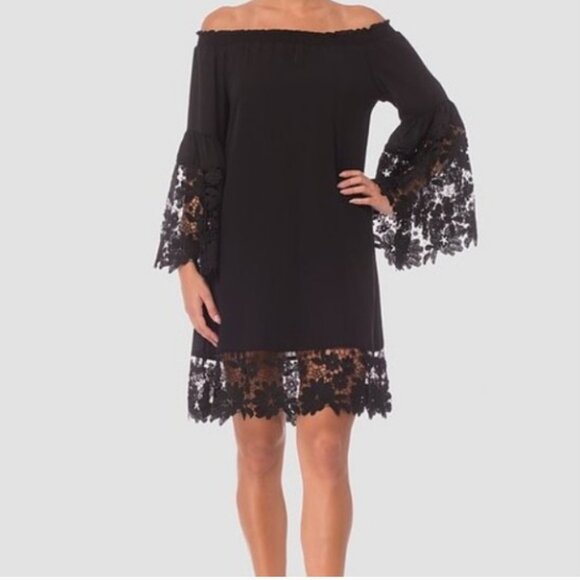 Joseph Ribkoff Black Lace Off Shoulder Dress Resortwear Statement Sleeves XL - Picture 4 of 9
